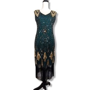 PRETTY GUIDE 1920'S Gatsby Green/Gold Cocktail Dress Size M